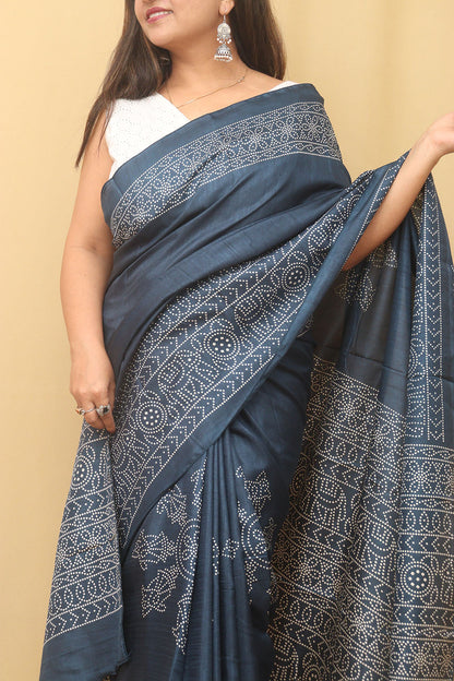 Blue Bandhani Silk Saree with Digital Print