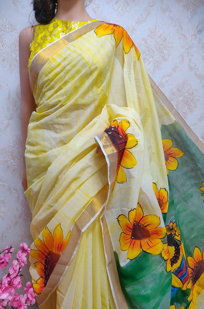 Yellow Hand Painted Pure Kerala Cotton Saree