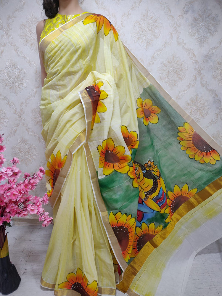 Yellow Hand Painted Pure Kerala Cotton Saree