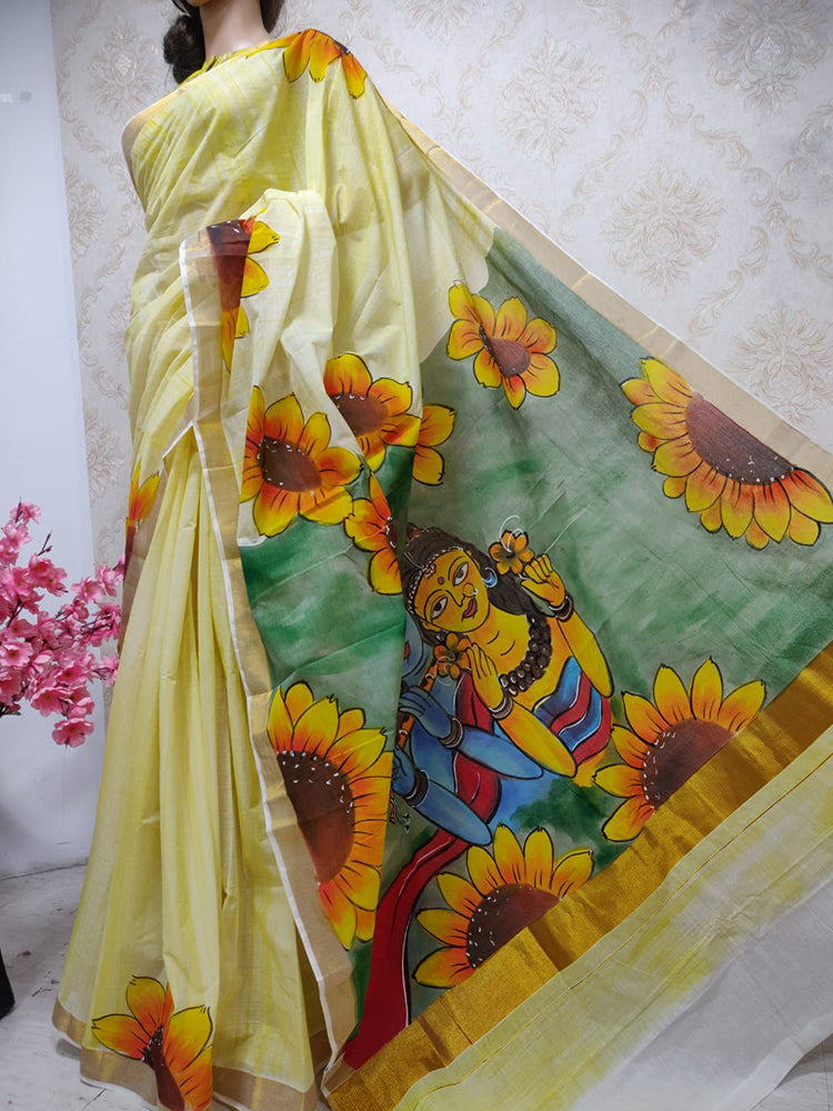 Yellow Hand Painted Pure Kerala Cotton Saree