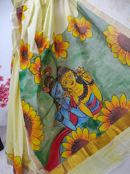 Yellow Hand Painted Pure Kerala Cotton Saree