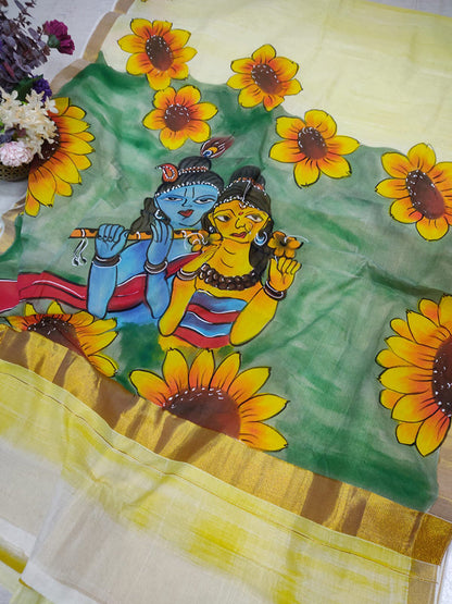 Yellow Hand Painted Pure Kerala Cotton Saree