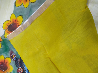 Yellow Hand Painted Pure Kerala Cotton Saree