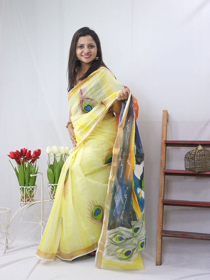 Yellow Kerala Cotton Saree - Hand Painted and Pure