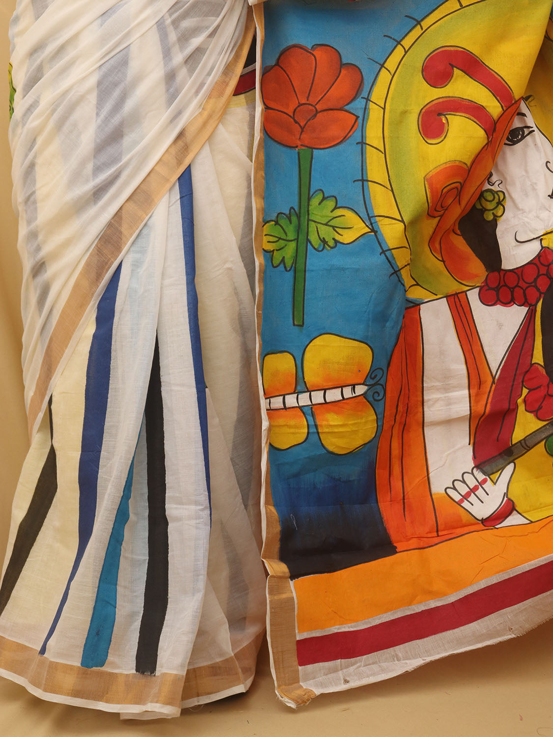 Off White Hand Painted Pure Kerala Cotton Saree