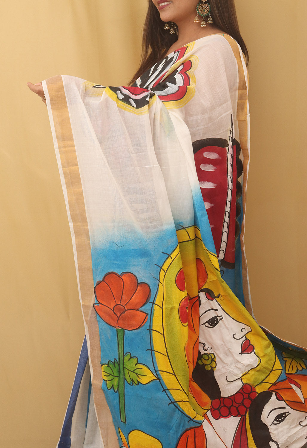 Off White Hand Painted Pure Kerala Cotton Saree