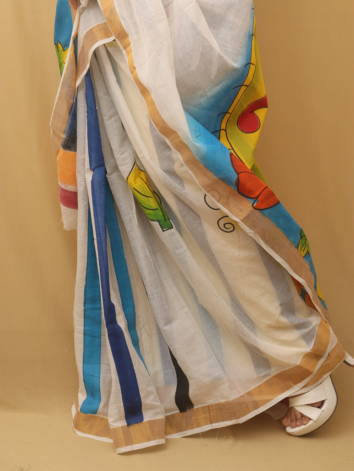 Off White Hand Painted Pure Kerala Cotton Saree