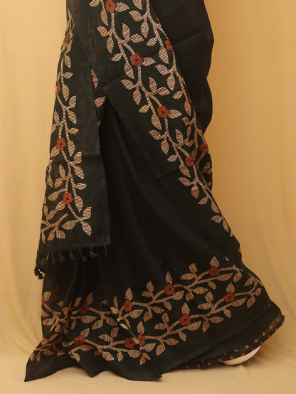Black Jamdani Print Semi Tussar Silk Saree