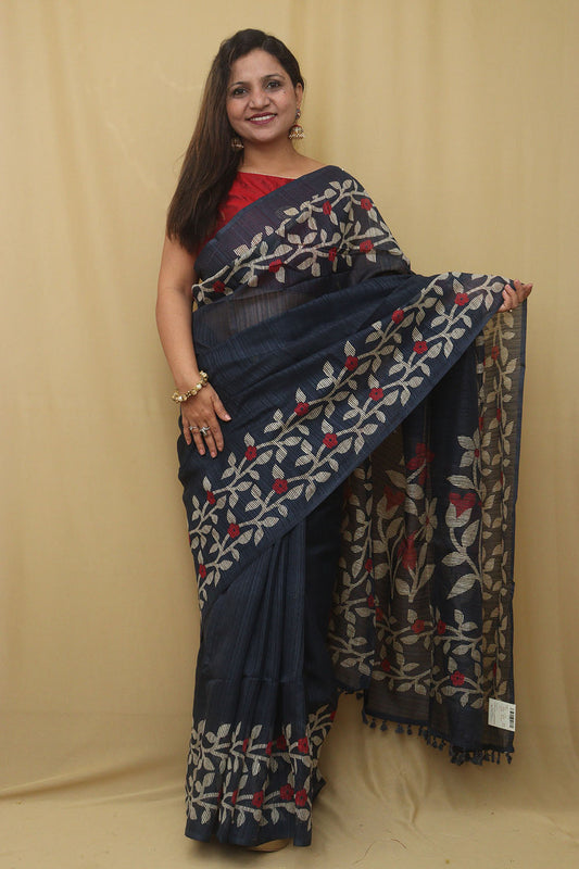Elegant Blue Jamdani Print Tussar Silk Saree