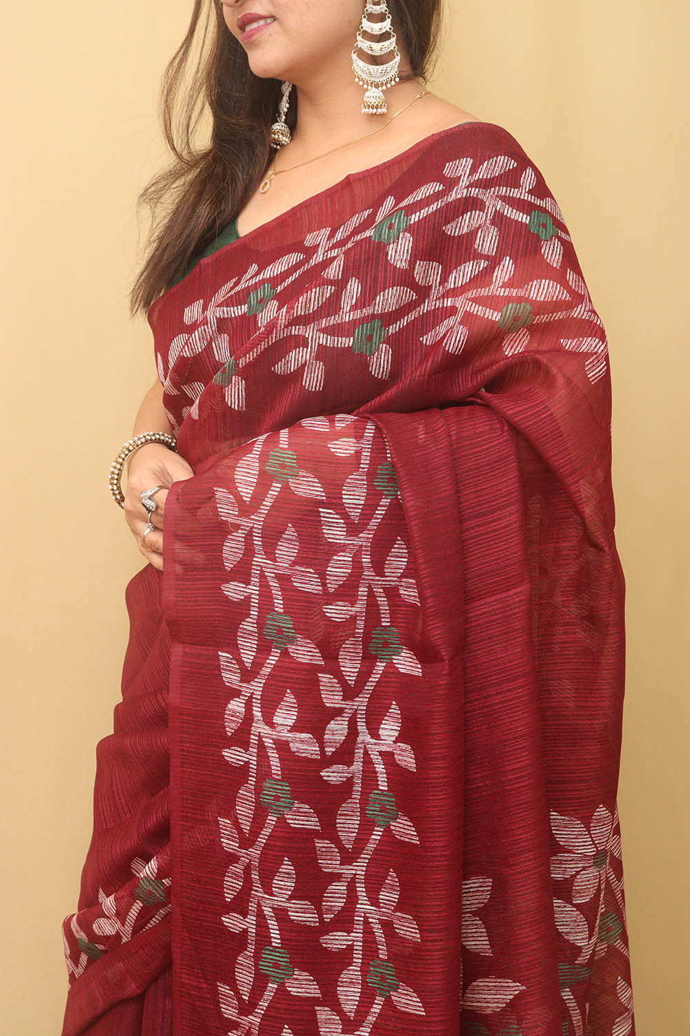 Elegant Maroon Jamdani Print Tussar Silk Saree
