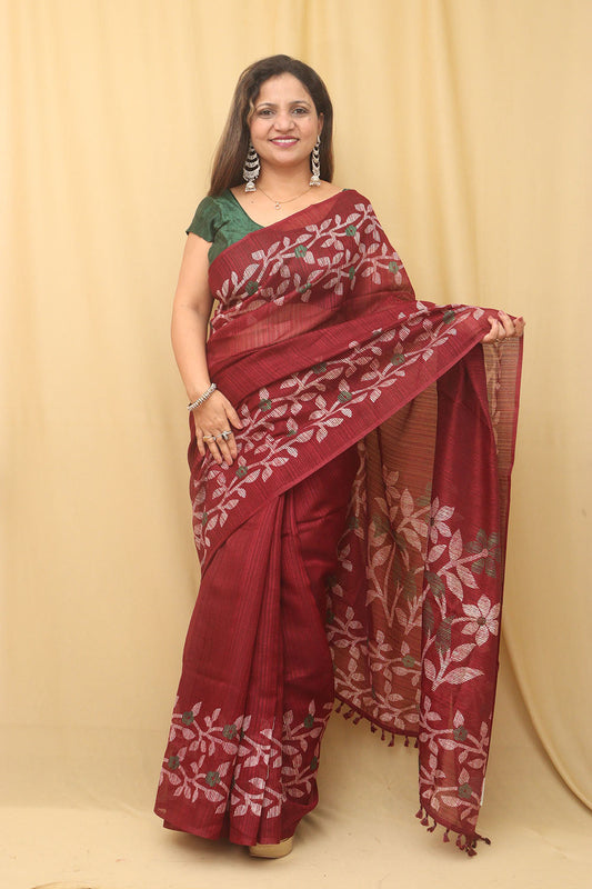 Elegant Maroon Jamdani Print Tussar Silk Saree