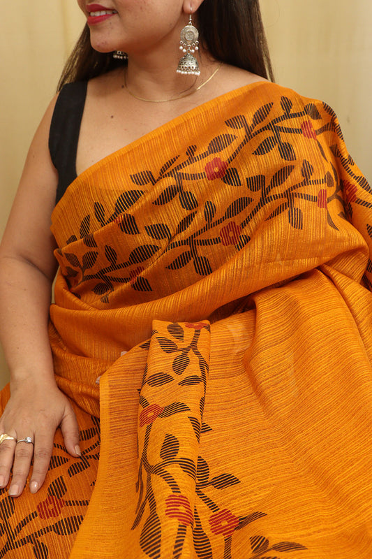 Yellow Jamdani Print Tussar Silk Saree - Elegant and Stylish