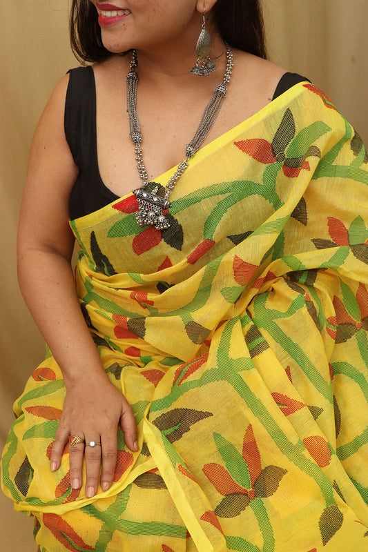 Yellow Jamdani Print Tussar Silk Saree: Elegant and Stylish