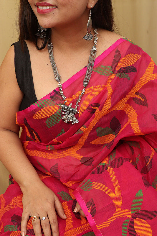 Stunning Pink Jamdani Print Tussar Silk Saree