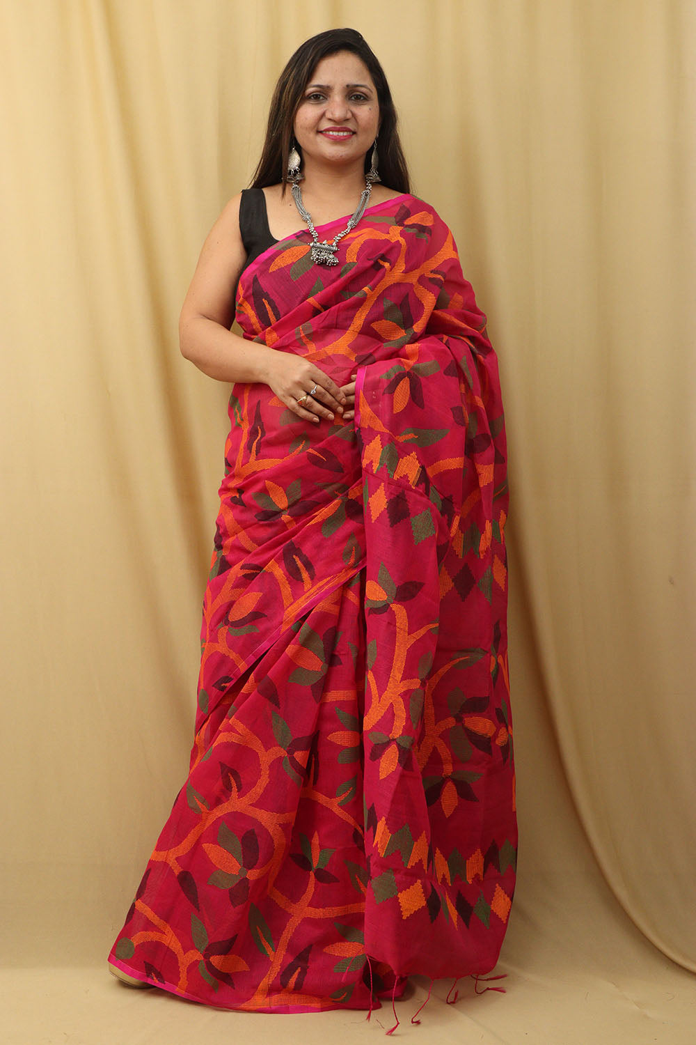 Beautiful Pink Jamdani Tussar Silk Saree