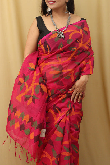 Beautiful Pink Jamdani Tussar Silk Saree