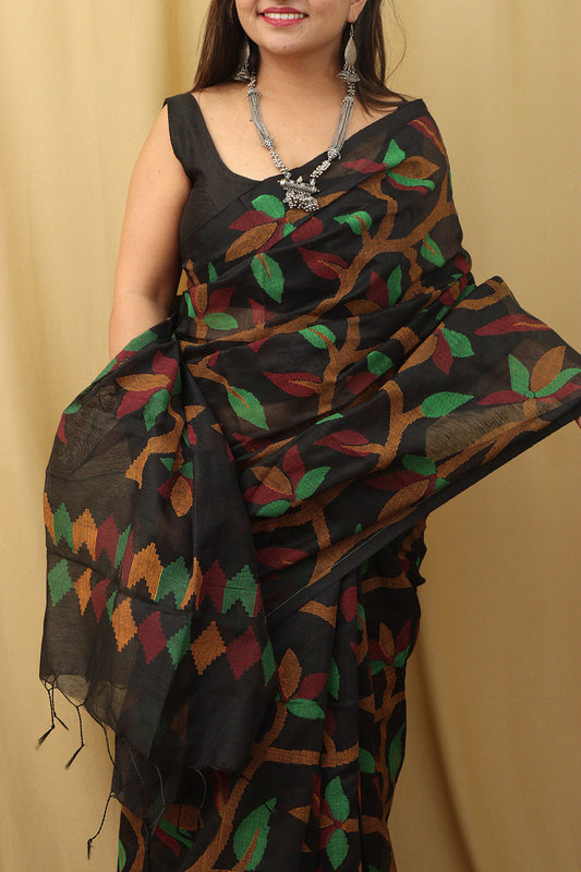 Elegant Black Jamdani Print Tussar Silk Saree