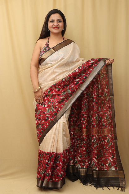 Stunning Cream & Red Kalamkari Silk Saree