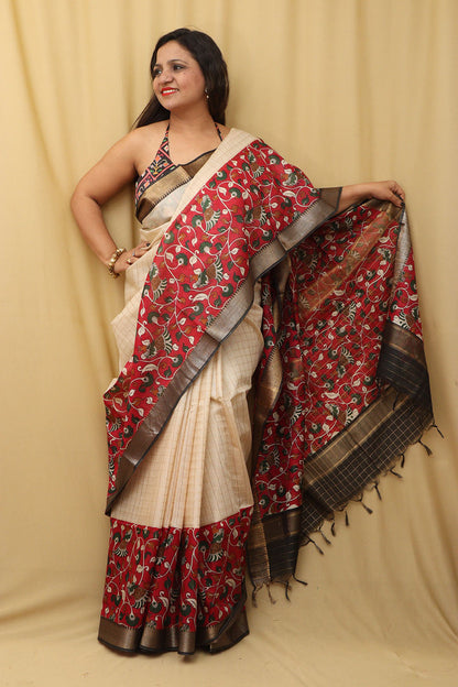 Stunning Cream & Red Kalamkari Silk Saree