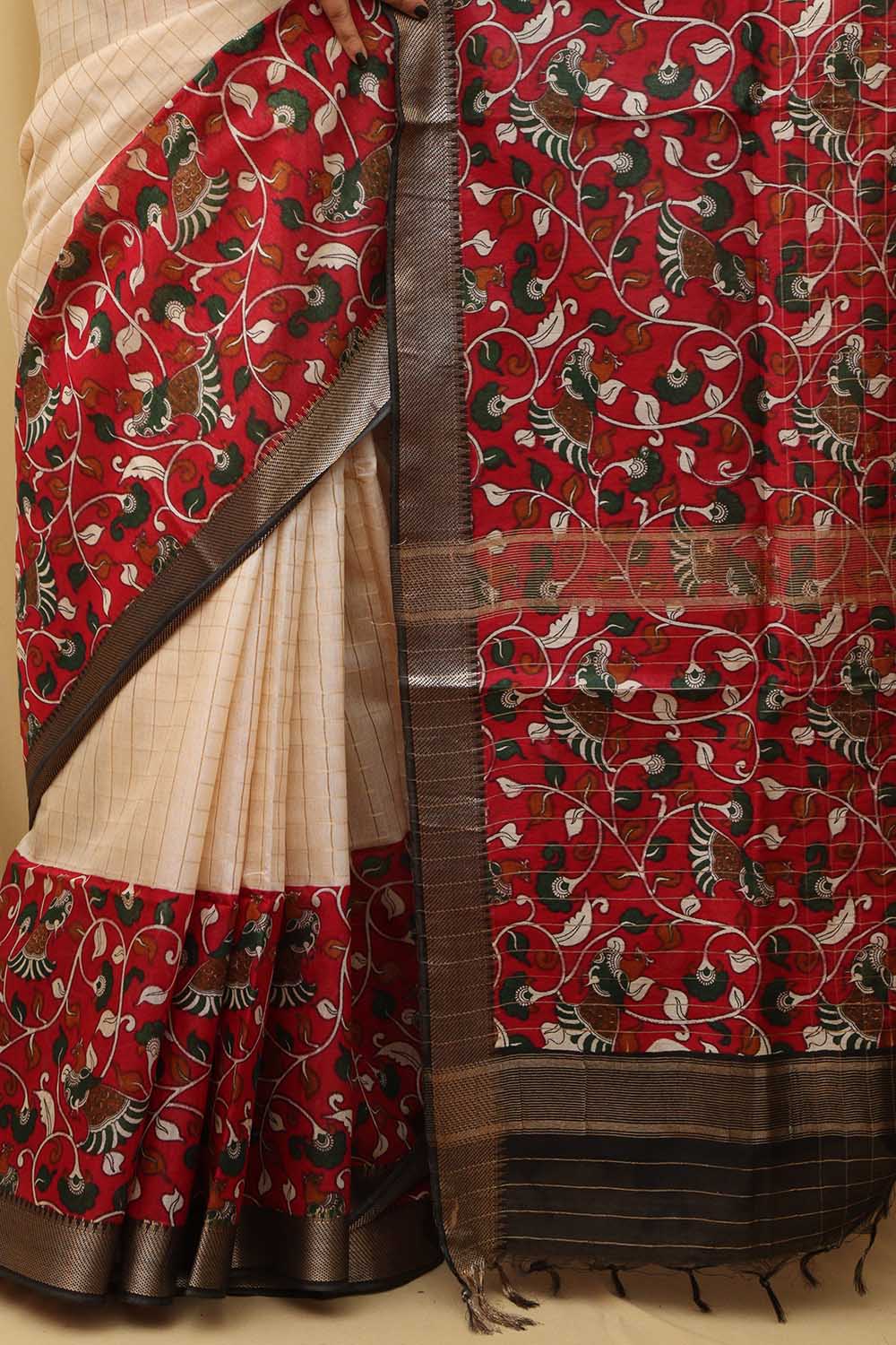 Stunning Cream & Red Kalamkari Silk Saree