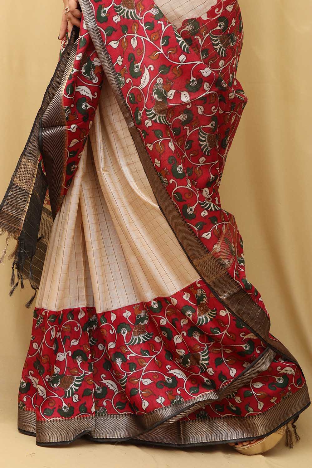 Stunning Cream & Red Kalamkari Silk Saree