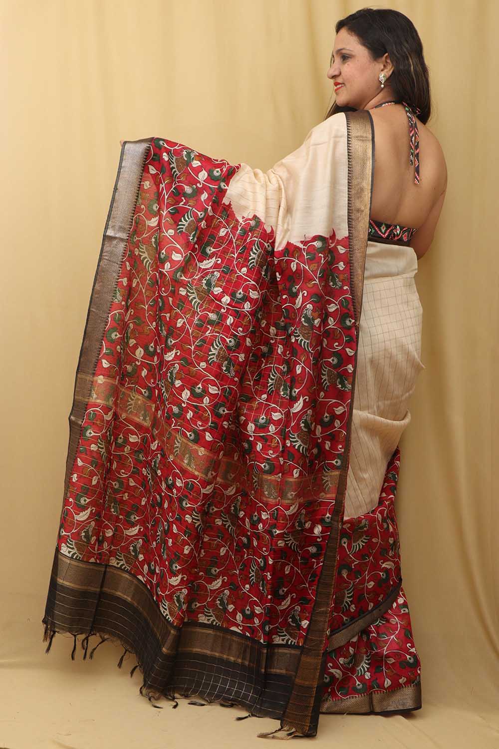 Stunning Cream & Red Kalamkari Silk Saree