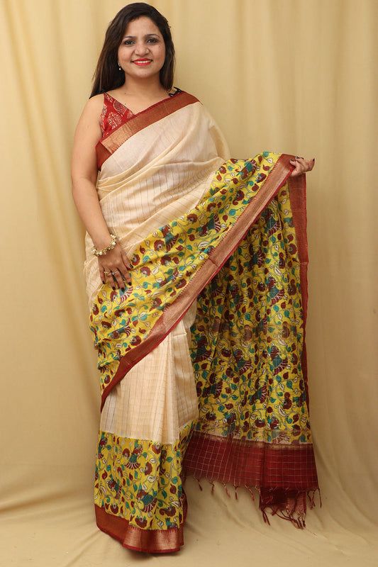 Cream & Yellow Kalamkari Silk Saree - Limited Edition