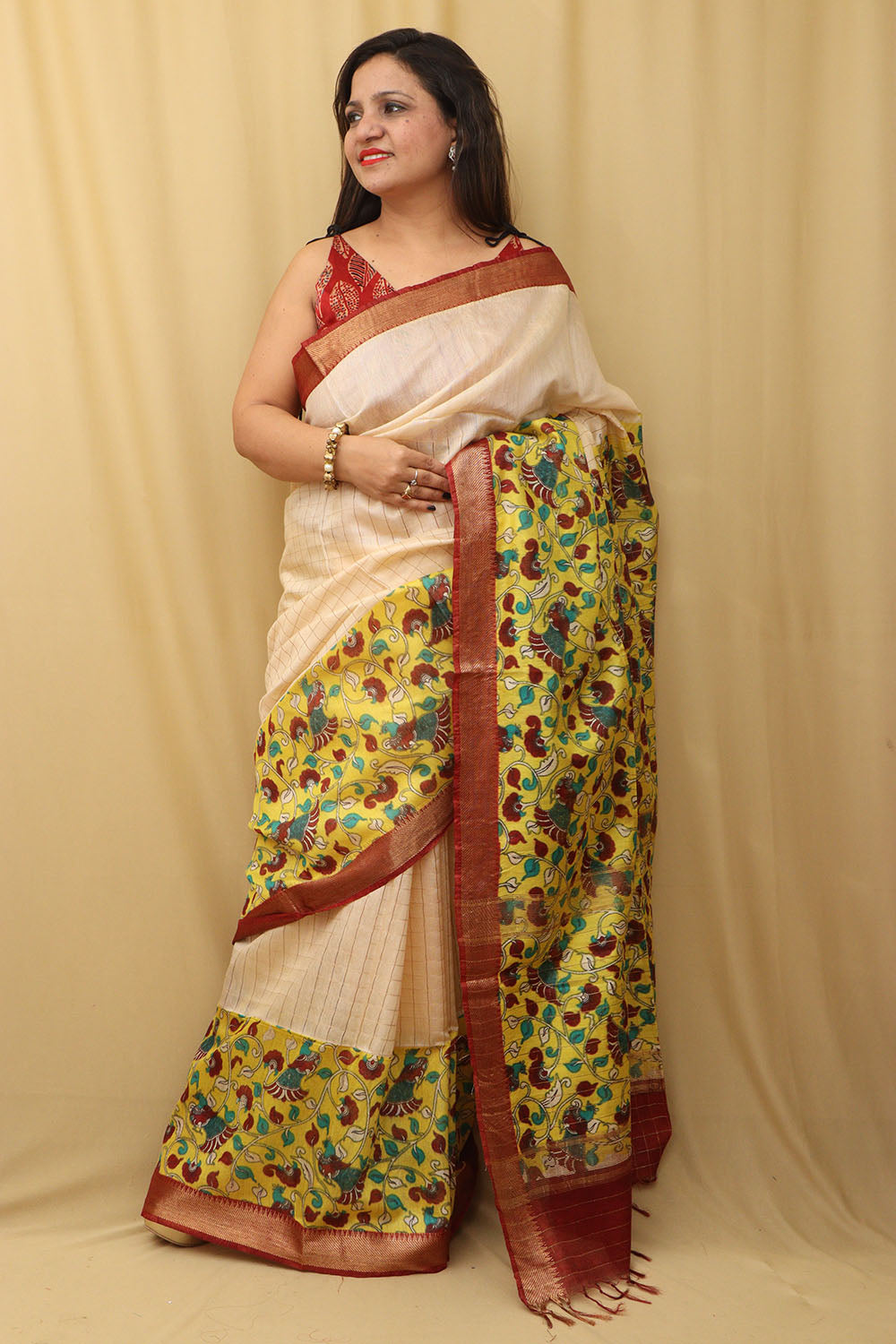 Cream & Yellow Kalamkari Silk Saree - Limited Edition