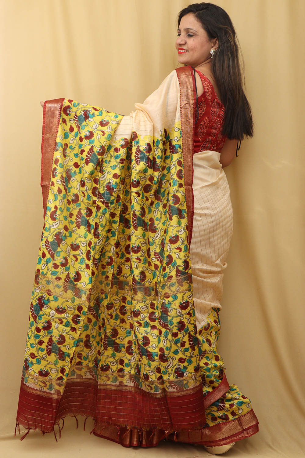 Cream & Yellow Kalamkari Silk Saree - Limited Edition