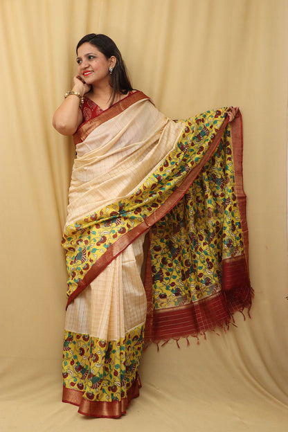 Cream & Yellow Kalamkari Silk Saree - Limited Edition