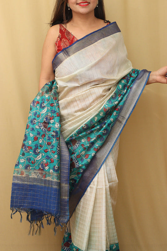 Stunning Cream & Blue Kalamkari Silk Saree