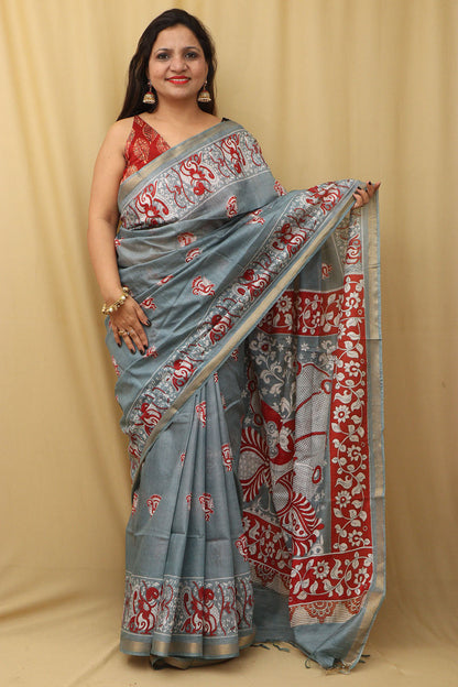 Chic Grey Kalamkari Cotton Silk Saree