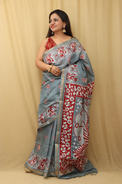 Chic Grey Kalamkari Cotton Silk Saree