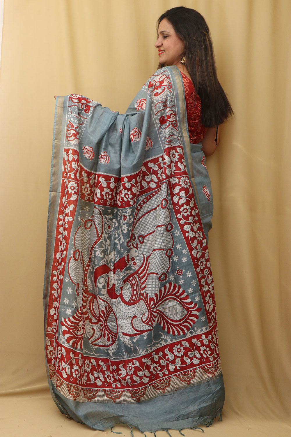 Chic Grey Kalamkari Cotton Silk Saree