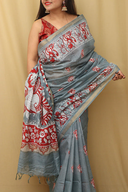 Chic Grey Kalamkari Cotton Silk Saree