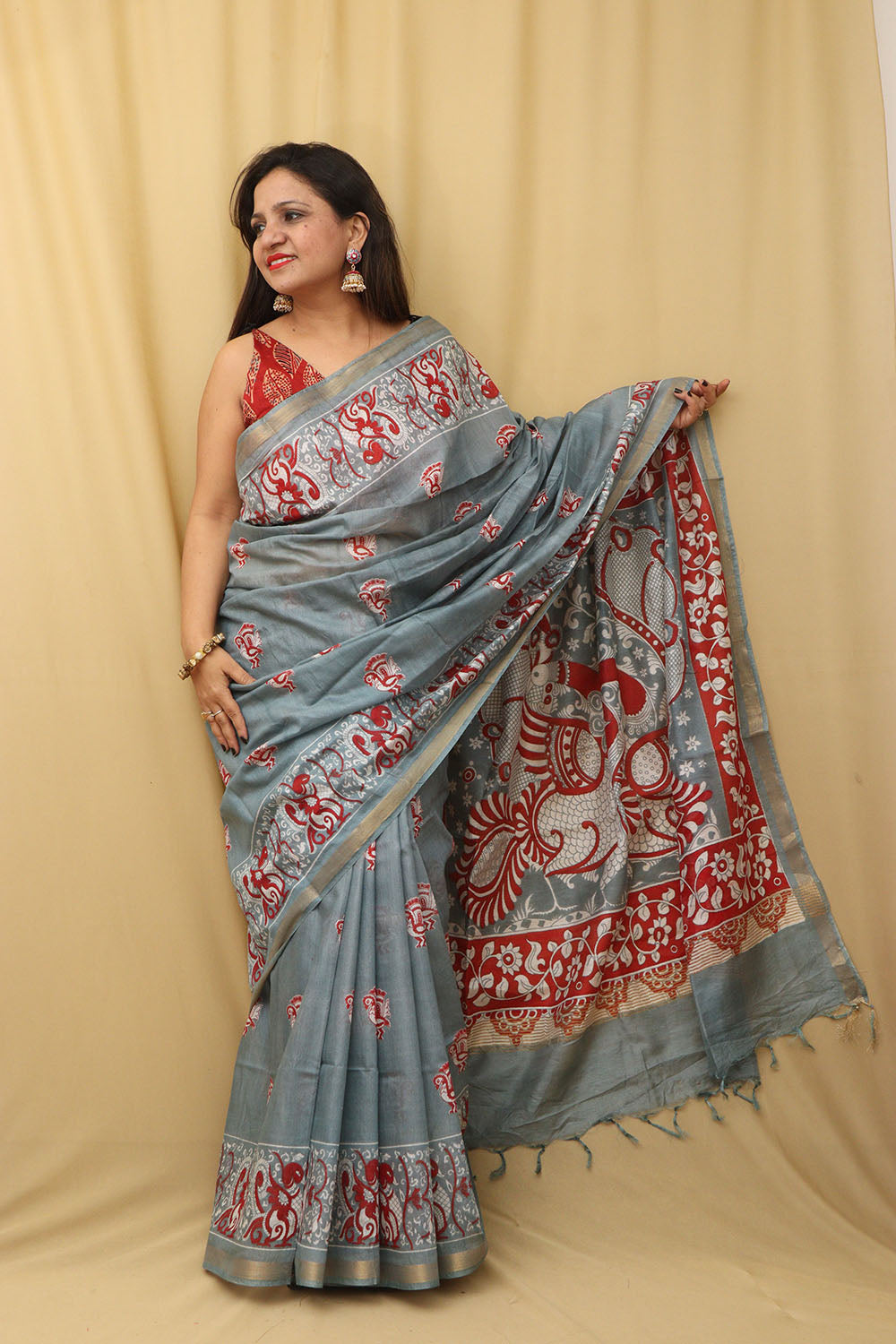 Chic Grey Kalamkari Cotton Silk Saree