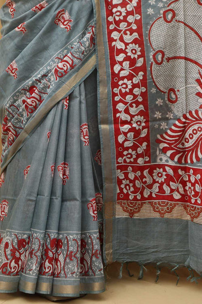 Chic Grey Kalamkari Cotton Silk Saree