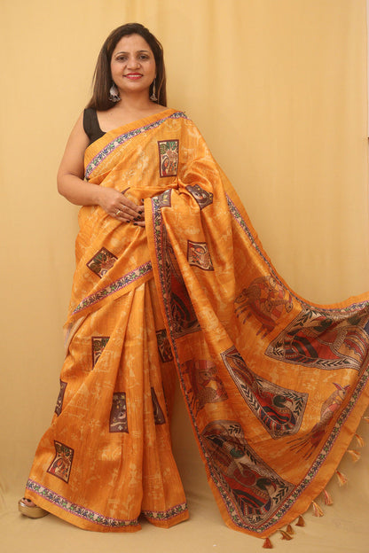 Yellow Kalamkari Print Semi Tussar Silk Saree - divyaindia 