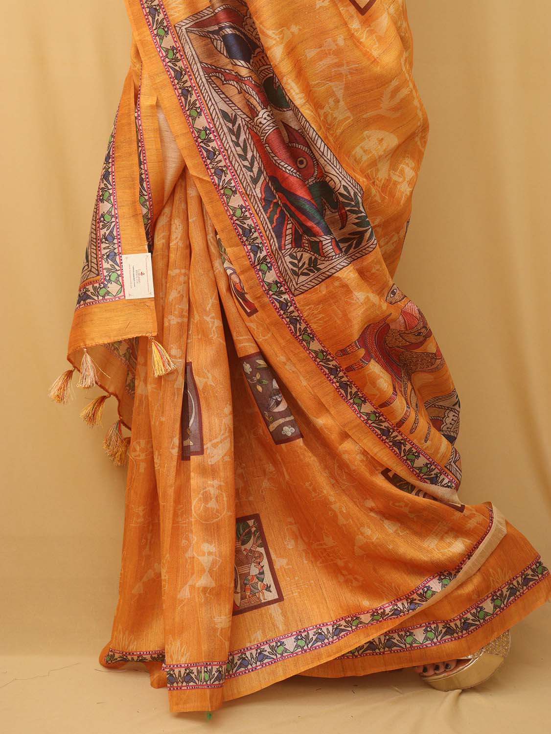 Yellow Kalamkari Print Semi Tussar Silk Saree - divyaindia 