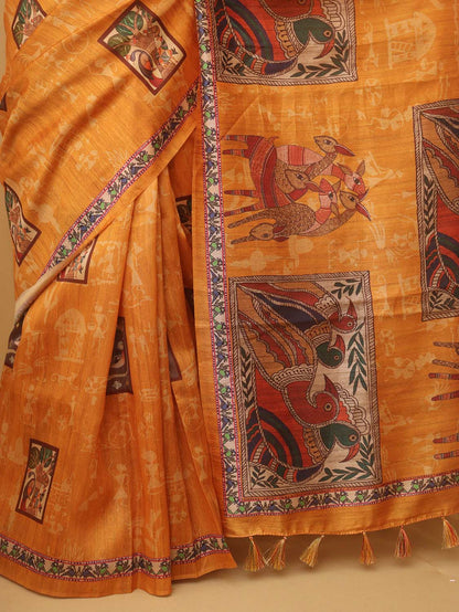 Yellow Kalamkari Print Semi Tussar Silk Saree - divyaindia 