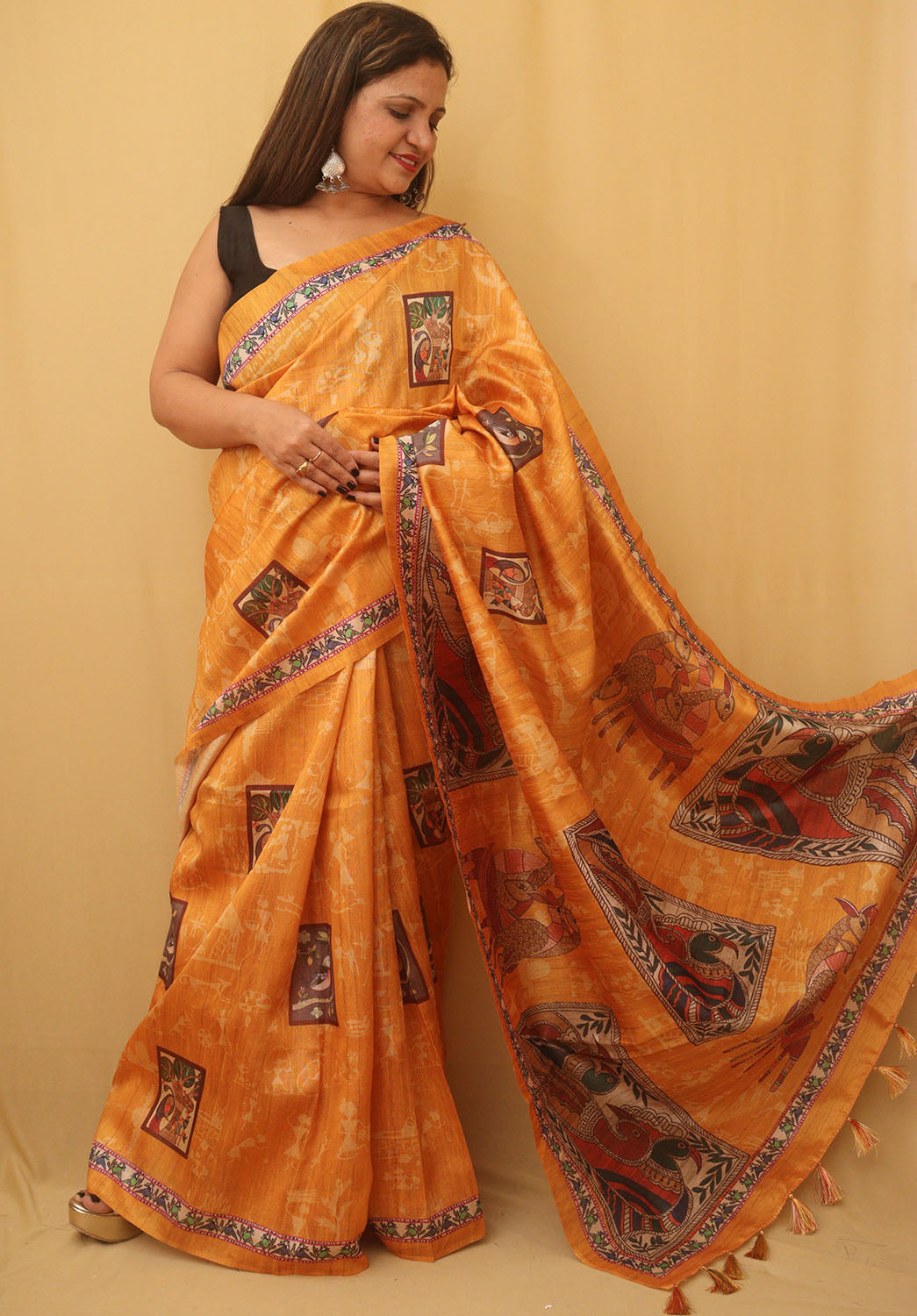 Yellow Kalamkari Print Semi Tussar Silk Saree - divyaindia 