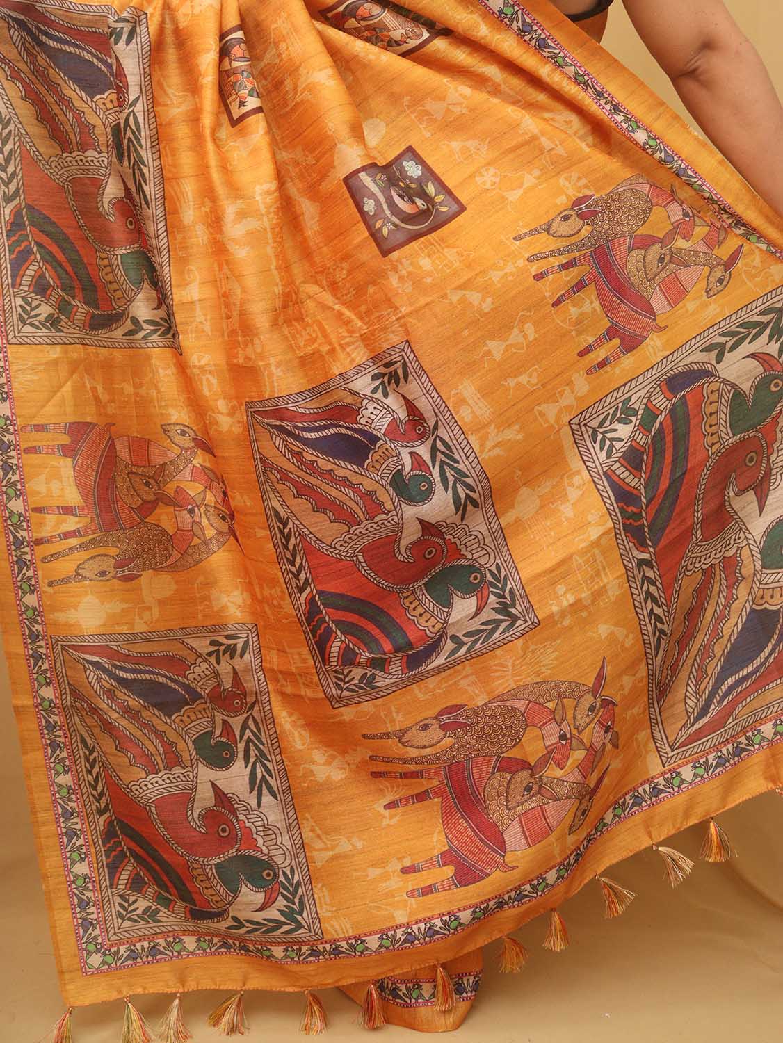 Yellow Kalamkari Print Semi Tussar Silk Saree - divyaindia 