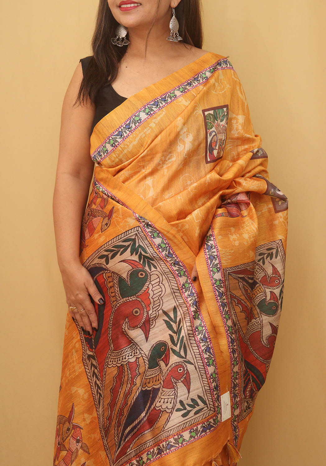 Yellow Kalamkari Print Semi Tussar Silk Saree - divyaindia 