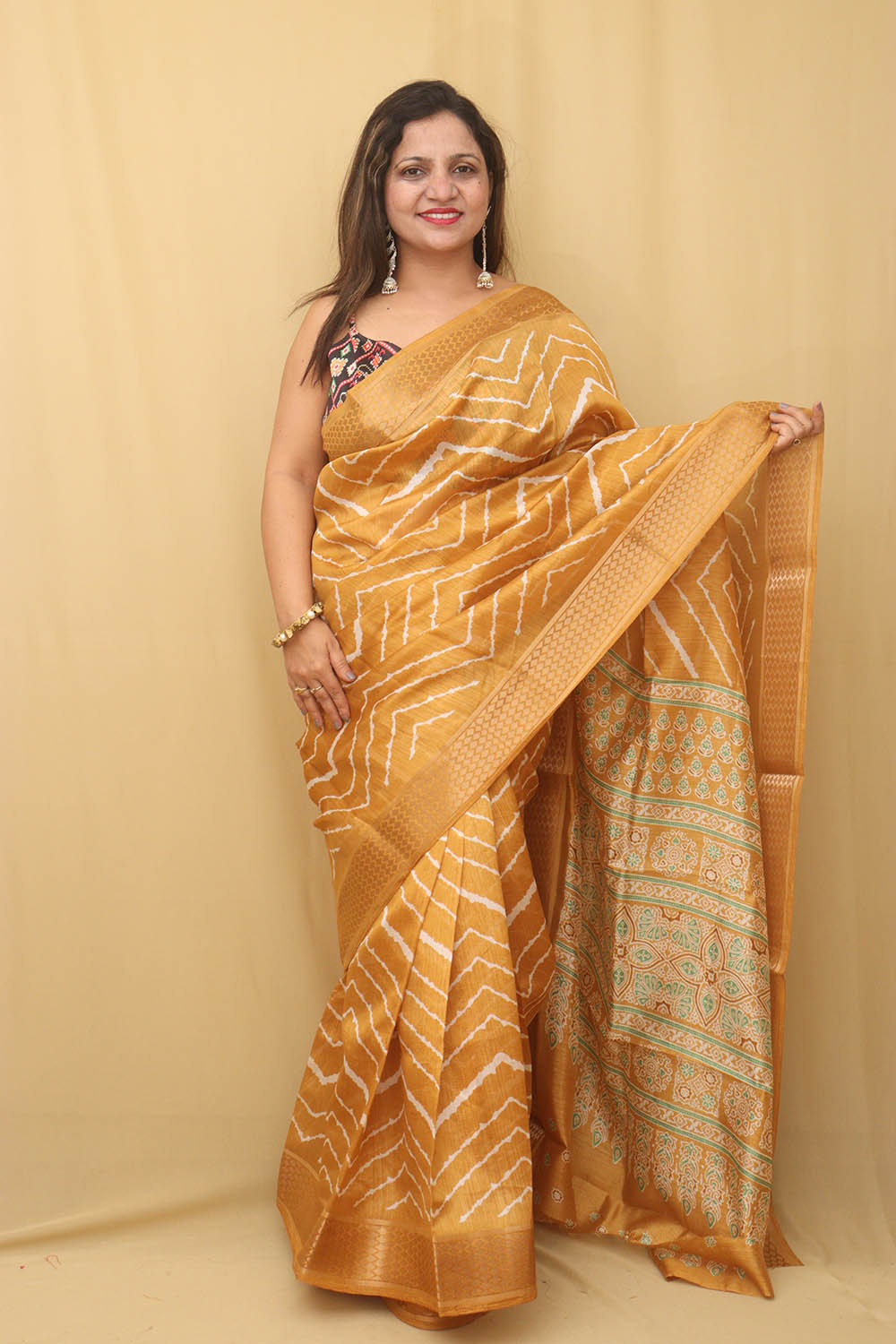 Yellow Leheriya Print Tussar Cotton Silk Saree