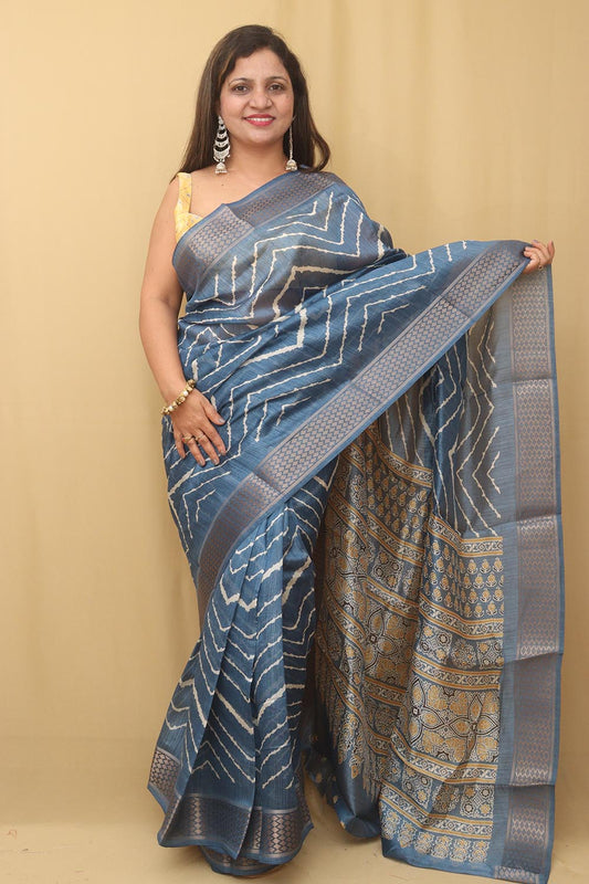 Elegant Blue Leheriya Print Tussar Cotton Silk Saree