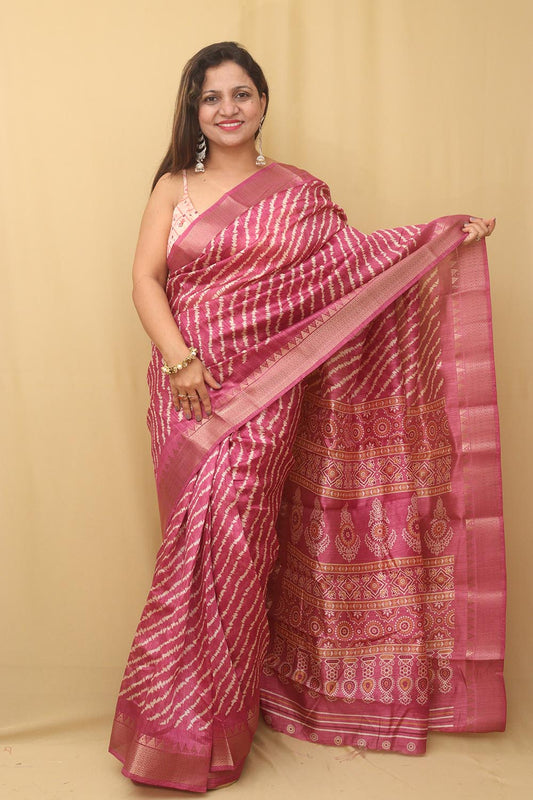 Stunning Pink Leheriya Print Tussar Silk Saree