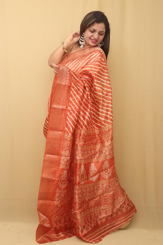 Vibrant Orange Leheriya Print Tussar Silk Saree