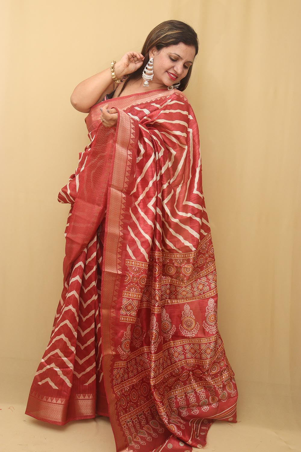 Vibrant Red Leheriya Print Tussar Cotton Silk Saree