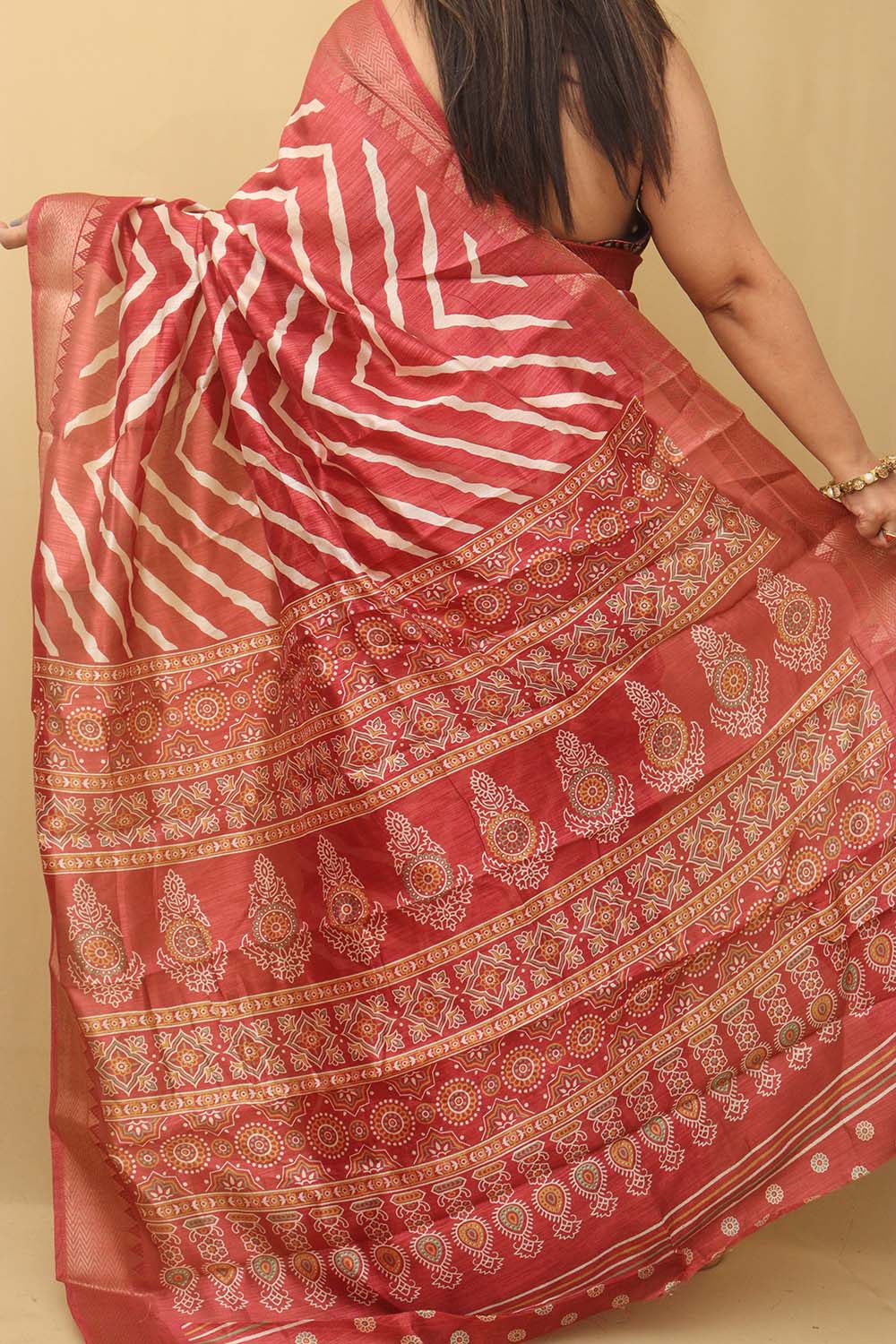 Vibrant Red Leheriya Print Tussar Cotton Silk Saree