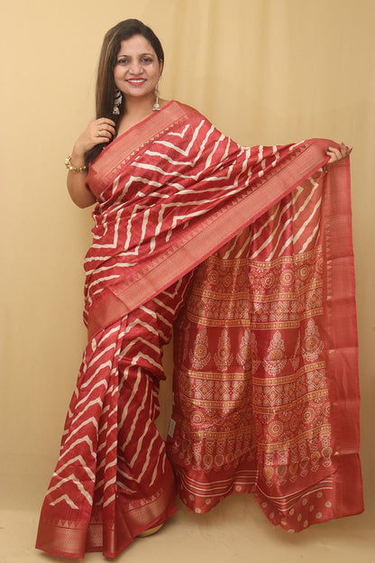 Vibrant Red Leheriya Print Tussar Cotton Silk Saree